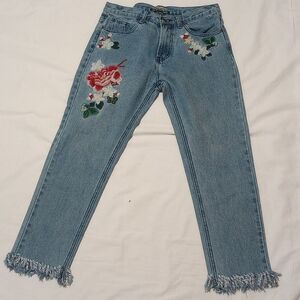 Cute 1990 Style Top Trends Basic Collection Floral Embroidered Jeans
